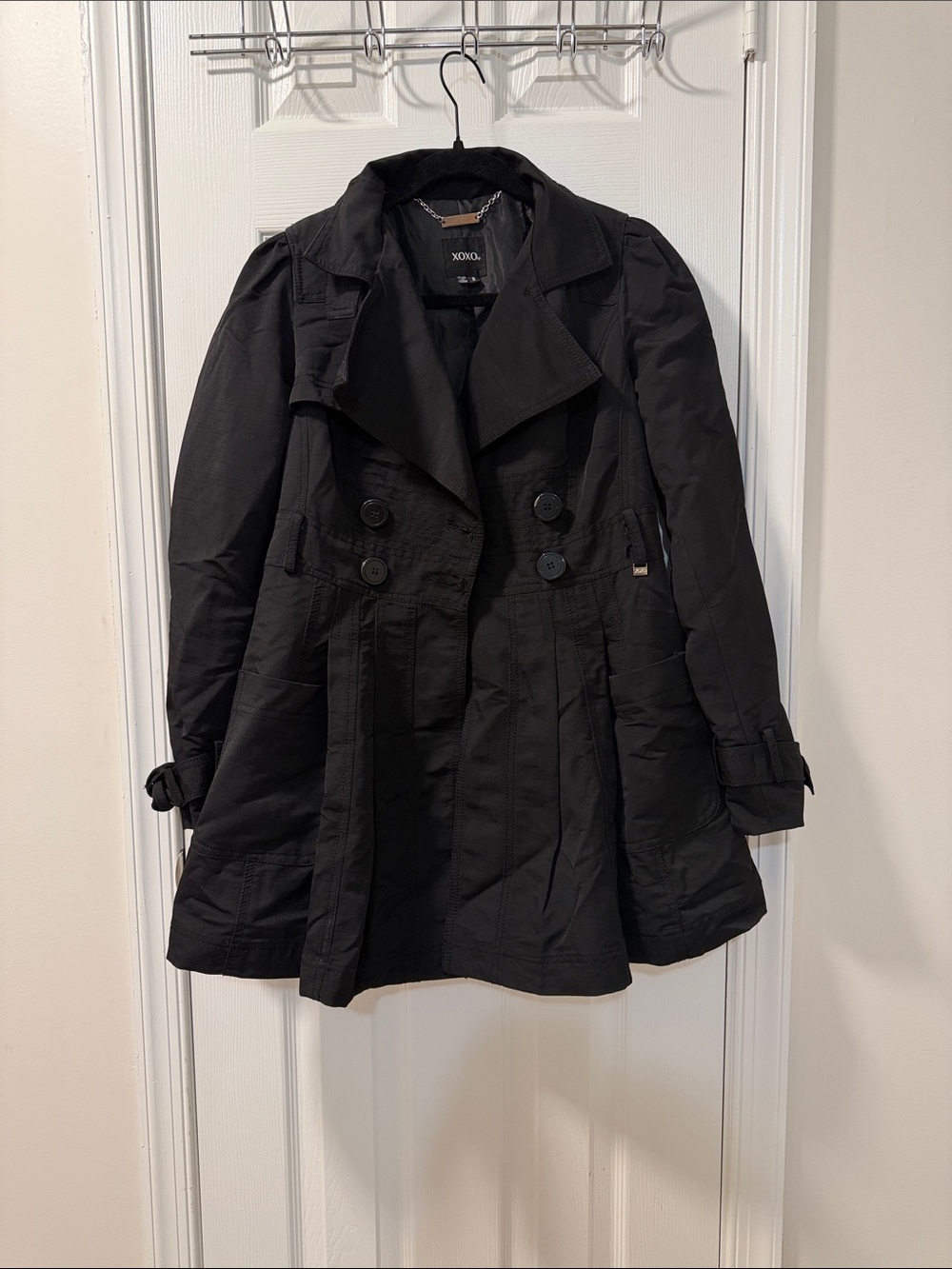 XOXO Black Double-Breasted A-Line Trench Coat